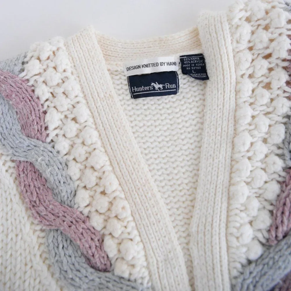 Vintage Hunters Run Cream, Purple & Blue Button Up Knit Cardigan L - Picture 12 of 12